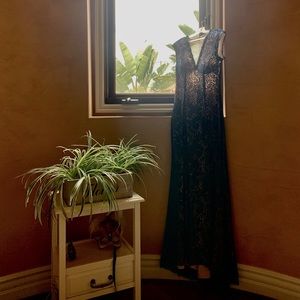 blue beaded lace long dress with tail + open back